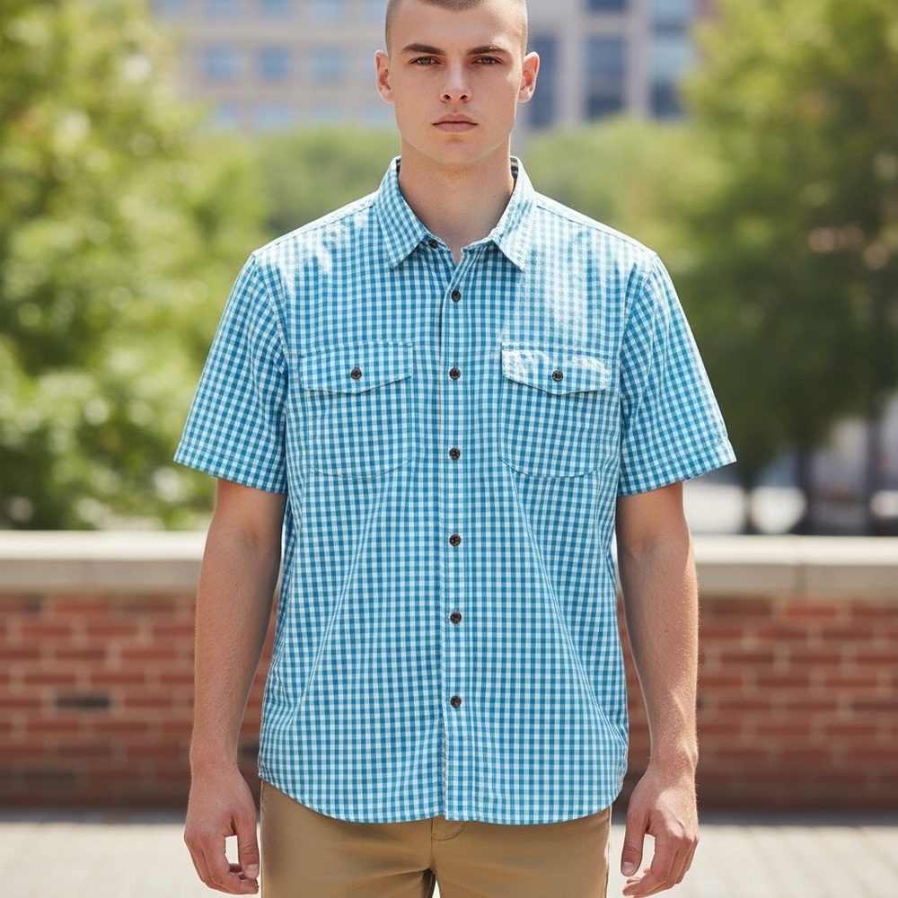 BF204 Mens Magellan Outdoor Brand Plaid Short Sleeve Button Down Shirt L